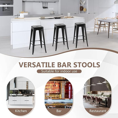 COSTWAY Bar Stools Set of 4, 30” Bar Height Metal Stools with Rubber Footpads & Handling Hole, X-Shaped Reinforced Design, Stackable Stools, for Kitchen, Dining Room, Pub (Black, 30‘’)