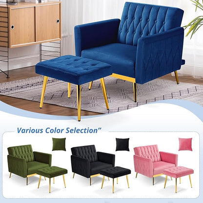 Velvet Accent Chair with Adjustable Armrests and Backrest, Button Tufted Lounge Chair, Single Recliner Armchair with Ottoman and Pillow for Living Room, Bedroom, Blue