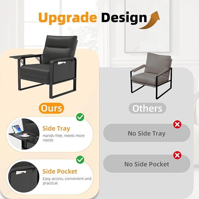 Faux Leather Accent Chair, Upholstered Armchair with Side Tray & Pocket, Comfy Reading Chair for Living Room, Bedroom, Guest Room, Black