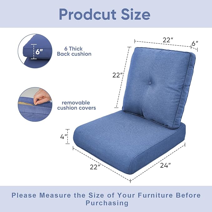 Patio Chair Cushions 5 Packs - Outside 22x24 High Back Water-Resistant Cushion with Zipper Cover for Outdoor Glider Rocking Chairs Loveseat 3-seat Couch Sofa – Blue/Buckle