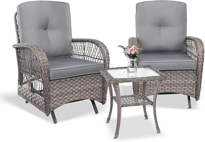 VIVIJASON 3-Piece Outdoor Patio Furniture Set, Outdoor Wicker Glider Rocking Chairs Rattan Conversation Bistro Sets w/ 2 Rattan Cushioned Chairs and Glass Top Side Table for Porch Backyard, Grey