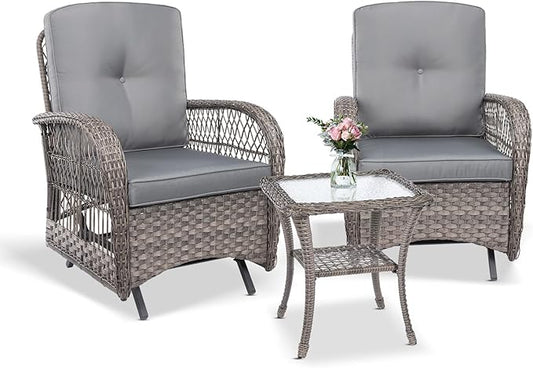 VIVIJASON 3-Piece Outdoor Patio Furniture Set, Outdoor Wicker Glider Rocking Chairs Rattan Conversation Bistro Sets w/ 2 Rattan Cushioned Chairs and Glass Top Side Table for Porch Backyard, Grey