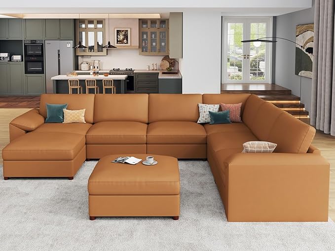 EASE MOOSE Modular Sectional Sofa, Oversized Faux Leather Sectional with Ottoman, Wide Deep Modular Couch, Scratch Resistant Faux Leather Material, U Shaped Couch for Big Spaces, Brown