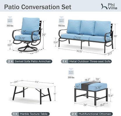PHI VILLA 6 Piece Patio Furniture Sets with 1 x 3-Seat Deep Seating Bench, 2 x Cushioned Swivel Sofa Chairs, 1 x Coffee Table & 2 Ottoman, Outdoor Metal Conversation Set for Lawn Garden, Light Blue
