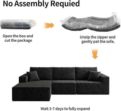 110" Boneless Cloud Sectional Couch for Living Room, Compressed Modular L-Shaped Sofa with Deep Seat, Frameless Corduroy Couch in Boxes, No Assembly Required 3-Seater (Right-Facing Chaise, Black)