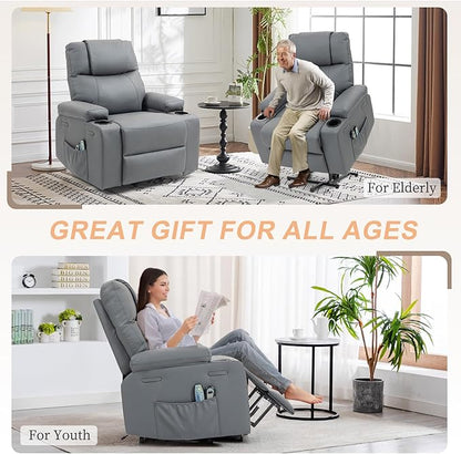 Power Lift Recliner Chair for Elderly, Electric Stand Assist Reclining Chair with Massage and Heat Function, Leather Living Room Furniture, Comfy Single Sofa with Cup Holders, Side Pockets, Gray