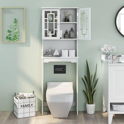BestComfort Over The Toilet Storage Cabinet, Home Bathroom Space Saver Organizer Above Toilet, Double Doors and Adjustable Shelf, Wooden Freestanding Toilet Storage Rack Unit, 67 in H (White)
