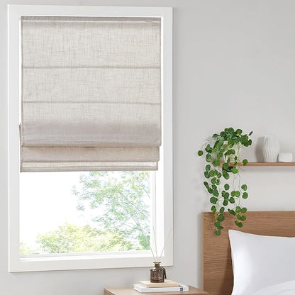 Madison Park Kyler Cordless Roman Shades - Single Panel, Lightweight Linen Blend Fabric, Natural Design, Easy Installation, Light Filtering Window Blind, Bedroom, Living Room Decor 35"W x 64"H Natural