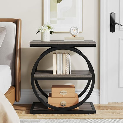 LITTLE TREE 3-Tier End Table, Grey Side End Table with Storage Shelves, Small Sofa Side Table for Living Room, Slim Nightstand and Bedside Table with Black Double Round Metal Legs