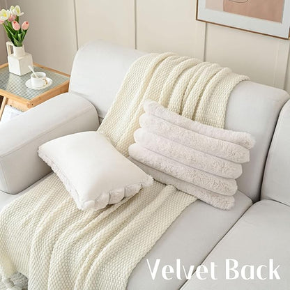 FUTEI Beige Decorative Throw Pillow Covers 12x20 Inch Set of 2, Square Soft Faux Rabbit Fur Thick Striped Lumbar Pillow Case,Winter Home Decor for Couch Bed Living Room