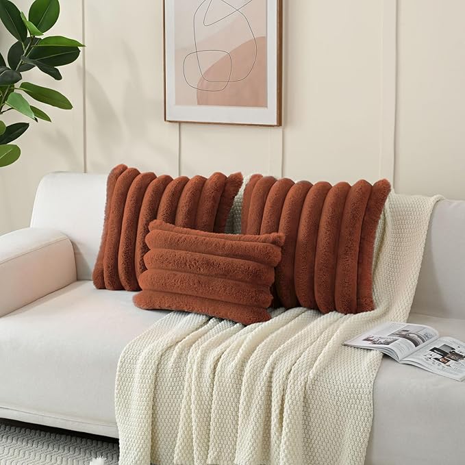 FUTEI Rust Decorative Throw Pillow Covers 18x18 Inch Set of 2, Square Soft Faux Rabbit Fur Big Striped Cushion Cover,Home Decor for Couch Sofa Bed Living Room