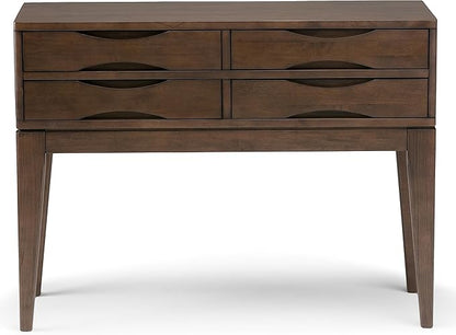 SIMPLIHOME Harper Console Table - 40 Inch Wide Solid Hardwood Sofa Table in Walnut Brown, Mid-Century Modern Storage Table for Entryway or Living Room with 4 Drawers, Notched Handles, and Tapered Legs