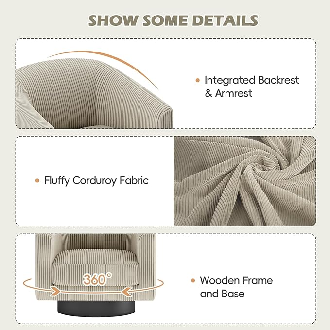 360° Swivel Accent Chairs Set of 2, Modern Bucket Chair, Corduroy Barrel Armchair, Comfy Boucle Chair, Single Sofa for Living Room Bedroom. Camel