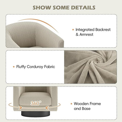 360° Swivel Accent Chairs, Modern Bucket Chair, Corduroy Barrel Armchair, Comfy Boucle Chair, Single Sofa for Living Room Bedroom. Camel