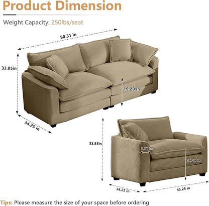 mikibama Luxury 3 Piece Sofa Set, Loveseat Couch & 2 Single Sofa Set, Modern Corduroy Comfy Cloud Couches Set for Living Room Office with 2 Armrest Pillows and 4 Toss Pillows, Camel