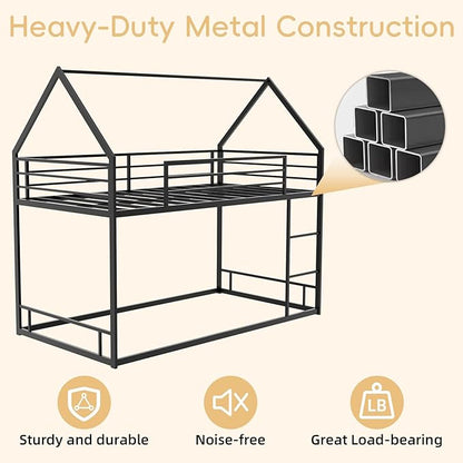 Bunk Bed Twin Over Twin, House Bunk Bed Frame with Ladder and Guardrail, House Shaped Bunk Bed Frame with Metal Slats for Girls Boys, Space Saving, No Box Spring Needed (Black)