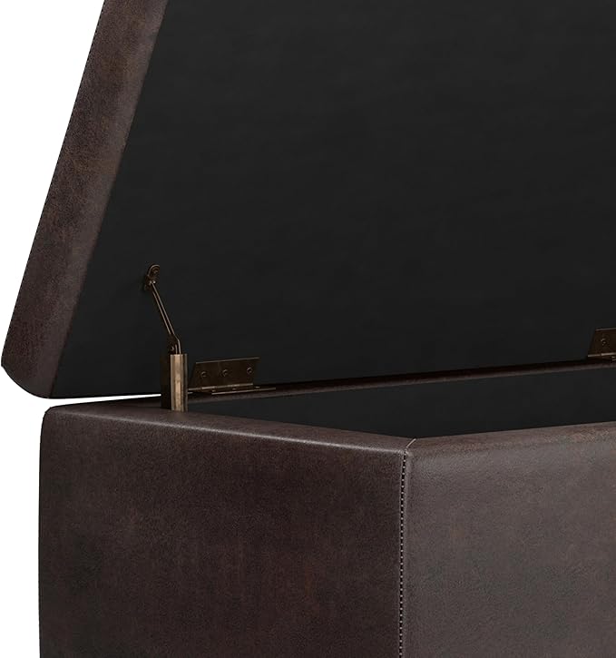 SIMPLIHOME Hamilton 48 inch Wide Transitional Rectangle Storage Ottoman in Distressed Brown Vegan Faux Leather, Assembled, For the Living Room, Entryway and Family Room