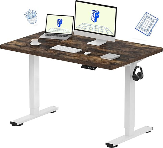 FLEXISPOT EN1 One-Piece Standing Desk, 48 x 30 Inches Electric Height Adjustable Desk for Home Office and Workstation (White Frame + Rustic Brown Top, 2 Packages)