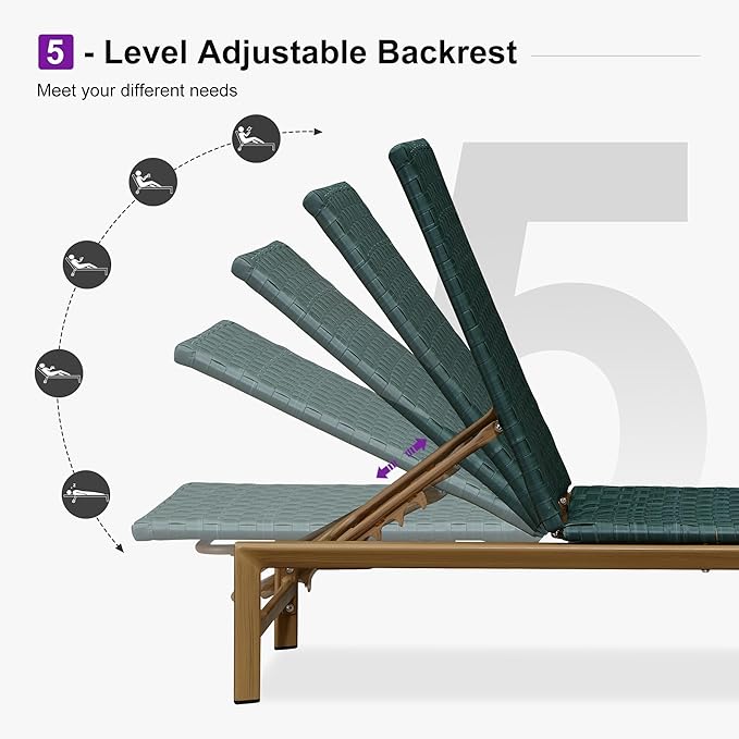 PURPLE LEAF Patio Oversized Chaise Lounge Rattan Chair Set of 2 Outdoor Pool Adjustable Recliner Wicker Chairs for Outside Woven Furniture Tanning Poolside Lounger Forest Green