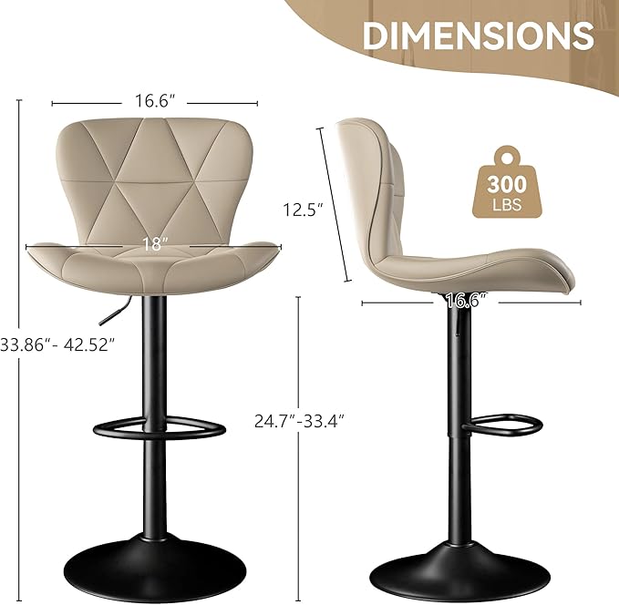 Bar Stools Set of 1,Adjustable Swivel Barstools, Faux Leather Bar Chairs,Upholstered Counter Height with High Backrest for Kitchen Island,Khaki