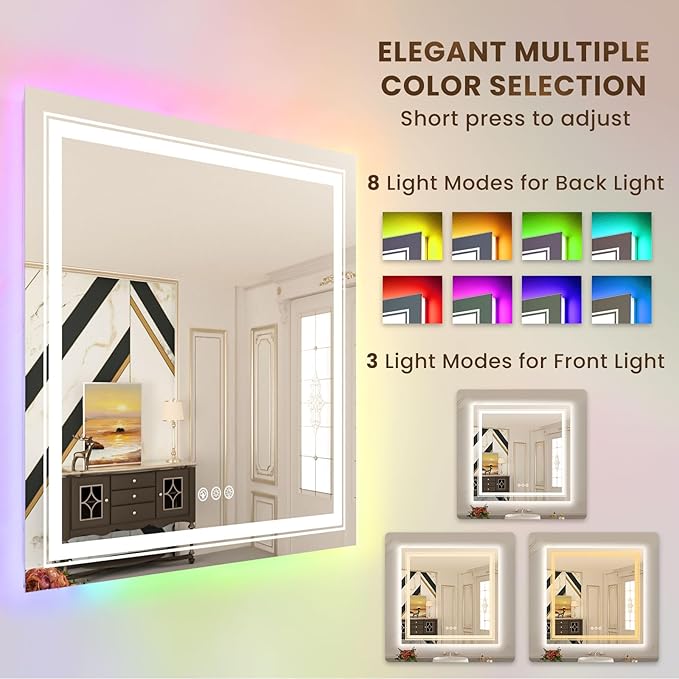 WTTY RGB LED Bathroom Mirror 36"x36" with Backlit and 3 Front Light,Stepless Dimmable LED Mirror for Bathroom,Lighted Bathroom Vanity Mirror for Wall,Anti-Fog,Memory Function,Shatter-Proof