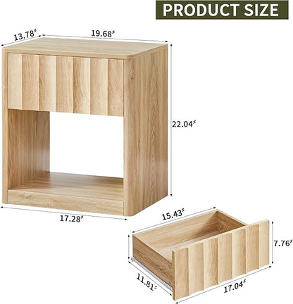 Fluted Dresser, Small Nightstands Set of 2, Natural Bedside Table with Drawer and Storage, Mid Century Modern Side Table for Bedroom Living Room Sofa