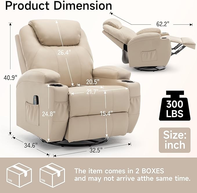 Recliner Chair, Rocking Chair with Massage and Heat, 360° Swivel Recliner Chairs for Adults, Rocker Manual Recliner with Remote Control and Cup Holder for Living Room, Bedroom, Nursery