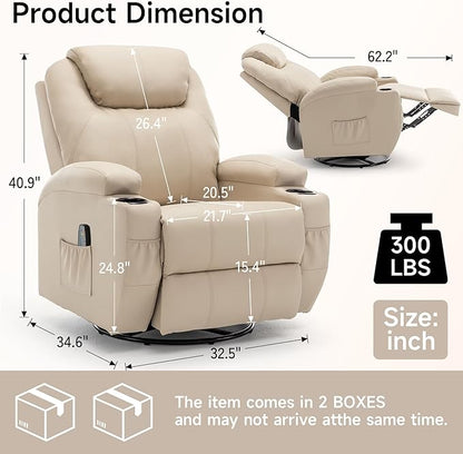 Recliner Chair, Rocking Chair with Massage and Heat, 360° Swivel Recliner Chairs for Adults, Rocker Manual Recliner with Remote Control and Cup Holder for Living Room, Bedroom, Nursery