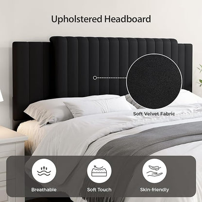 Upholstered Tufted Velvet Headboard, 3 in 1 Headboard for Full/Queen/King Size Bed, Height & Width Adjustable Head Board, Attach Frame, Study & Comfortable, Ideal for Bedroom, Dorm, Guest Room, Black