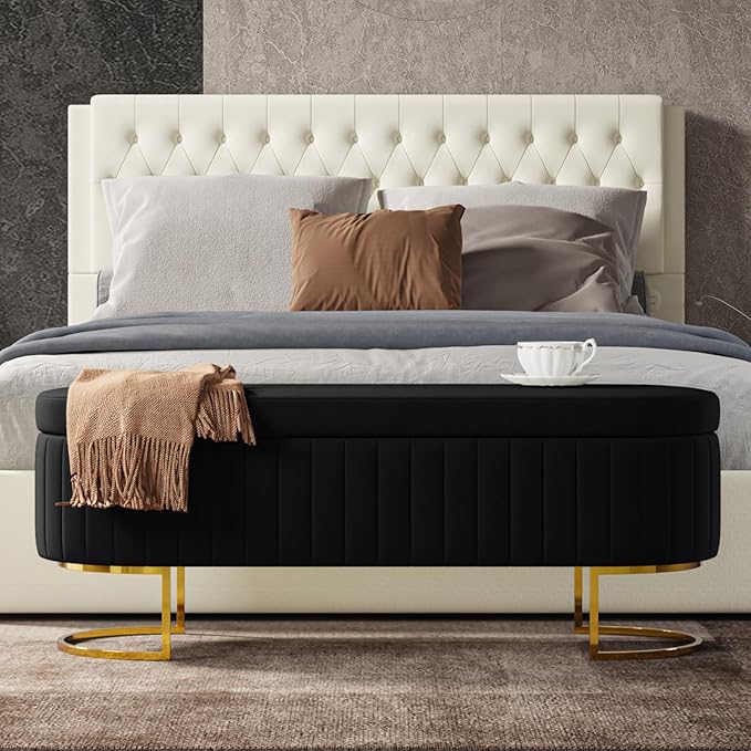 EcoHarbor Living 50.5" Storage Bench Velvet Bedroom Ottoman,Upholstered End of Bed Bench with Gold Legs,Flipping Lid Entryway Footrest