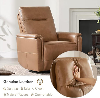 Watson & Whitely Genuine Leather Power Recliner Chairs W Power Headrest for Adults, Swivel Glider Recliner Chair W Charging Ports for Living Room, Saddle