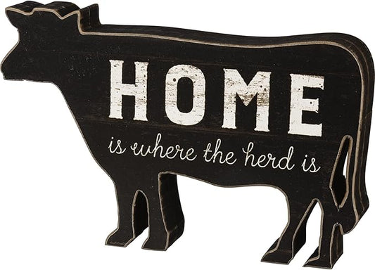 Primitives by Kathy Home is Where The Herd is Cow Black White Farmhouse Chunky Sitter Tier Tray Wood