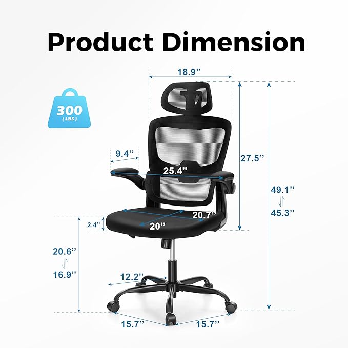 MAISON ARTS Ergonomic Office Chair, Breathable Mesh Computer Chair with Lumbar Support and Flip up Armrests, Black High Back Office Chair Executive Desk Chair with Wheels for Home Office