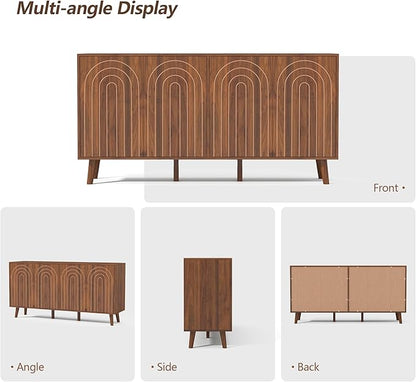59" Buffet Cabinet with Storage, Modern Accent Sideboard Storage Cabinet with 4 Doors & Carving Lines, Wooden Coffee Bar Table Console for Living Room Kitchen Office and Hallway (Walnut)