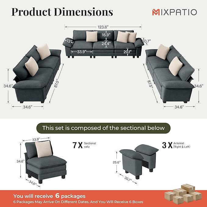 Cloud Couch Sectional Sofa Set, Plush 24.4-Inch Deep 7-Seat Sectional with Velvety Chenille & Removable Arms for Living Room and Apartment, Cyan