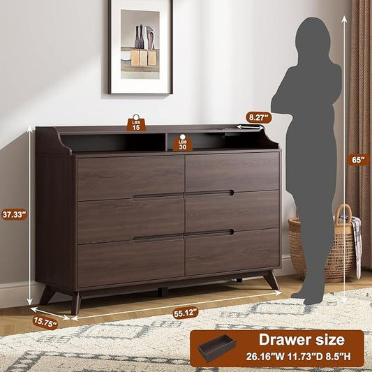 Dresser for Bedroom with 6 Drawers, 55" Large Dresser & Chest of Drawers with Charging Station, Wood Closet Clothes Storage Long Dressers Organizer for Bedroom Living Room Hallway, Brown