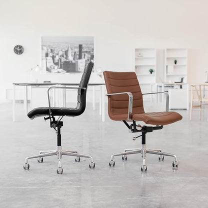 Laura Davidson Furniture SOHO II Ribbed Office Chair - Mid Back Desk Chair, Ergonomically Designed with Arm Rest & Swivel, Made of Faux Leather, Sage Green with Black Frame, Computer Chair