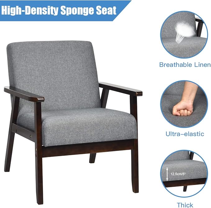 Giantex Set of 2 Mid-Century Modern Accent Chair, Retro Fabric Armchair, Solid Hardwood Made, Upholstered Linen Lounge Arm Chair for Living Room (Dark Grey)