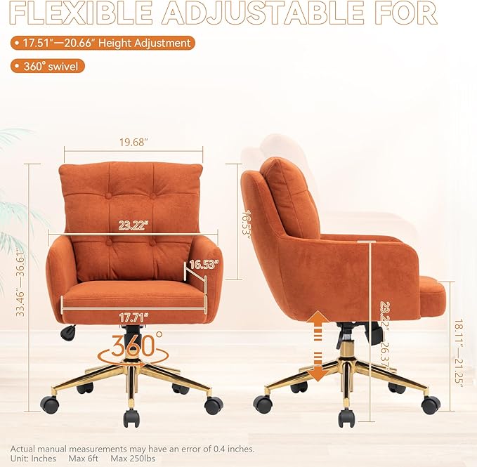 Velvet Office Chair, Comfy Home Office Desk Chairs with Lumbar Support, Modern Velvet Desk Chair Gold Legs Small Swivel Task Chair for Home Office, Bedroom, Study (Orange, L)