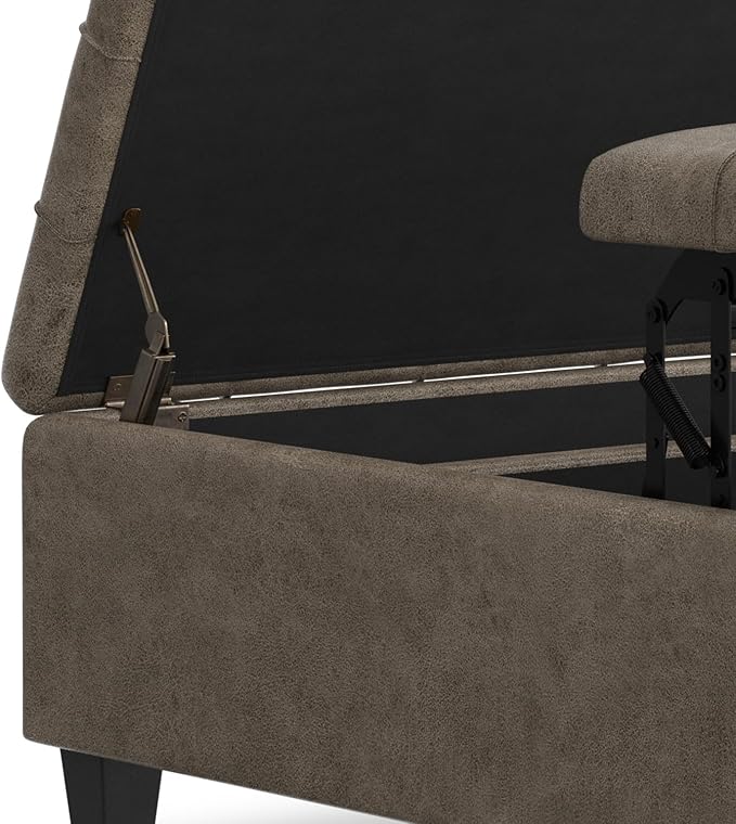 SIMPLIHOME Harrison Coffee Table Storage Ottoman - 36 inch Wide Upholstered Faux Leather Square Lift-Top Ottoman in Distressed Smoky Grey Brown, Transitional Ottoman for Living Room with Storage