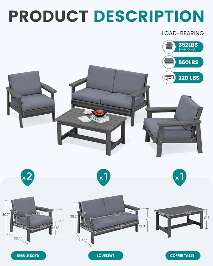 SERWALL 4 Piece HDPE Outdoor Furniture Set, All Weather Wood-Like Outdoor Sofa Sectional Couch, Grey Patio Furniture Set with Grey Cushions