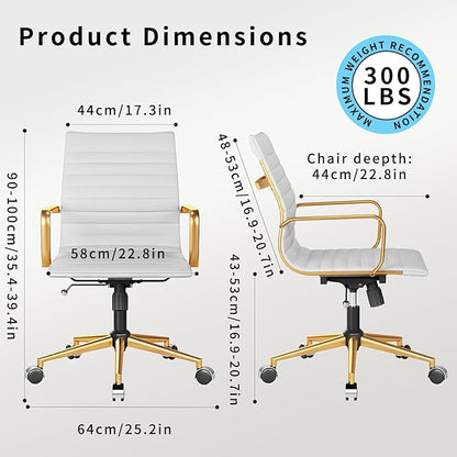 Ergonomic Office Chair White and Gold Leather Desk Chair for Home Office, Mid Century Comfy Executive Computer Chair Adjustable Swivel