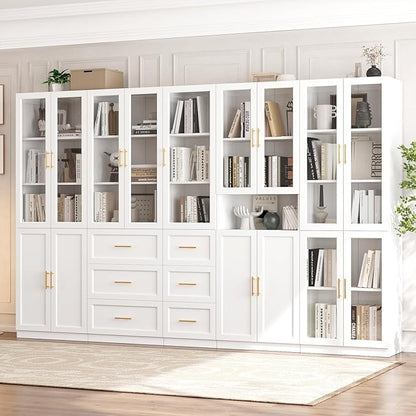 VOWNER Bookcase with Glass Doors & Drawers, 5 Tier Bookshelf with Adjustable Shelf, Modern Large Storage Display Cabinet Set for Home Office, Living Room, White (CDDC)