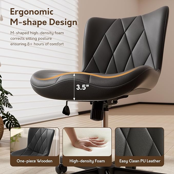 Armless Desk Chair, Morden Home Office Chair no Arms, Adjustable Height & Rocking Computer Chair, PU Leather Vanity Chair, Ergonomic Seat Soft Padded Desk Chairs for Home Small Space, Black