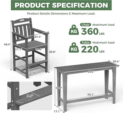 Outdoor Patio Bar Height Chair, All-Weather HDPE Tall Balcony Adirondack Stools for Bistro, Garden, Backyard, Deck | Grey
