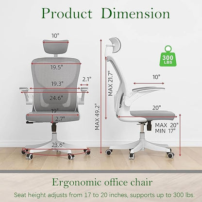 Ergonomic Office Chair, High-Back Mesh Computer Desk Chair with Adjustable Height, Lumbar Support, Flip-Up Armrests,headrest，and Swivel Rolling Design for Home and Office Use