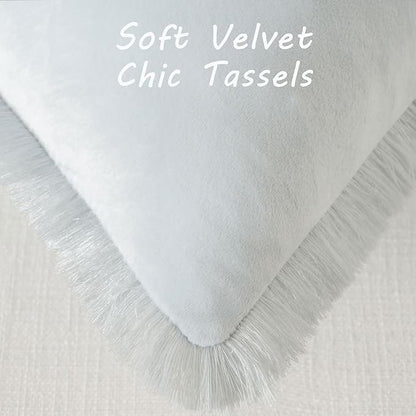 FUTEI Light Blue Velvet Decorative Throw Pillow Covers 24x24 Set of 2,Soft Cozy Edge with Tassels European Cushion Case,Boho Modern Home Decor for Couch Bed Living Room