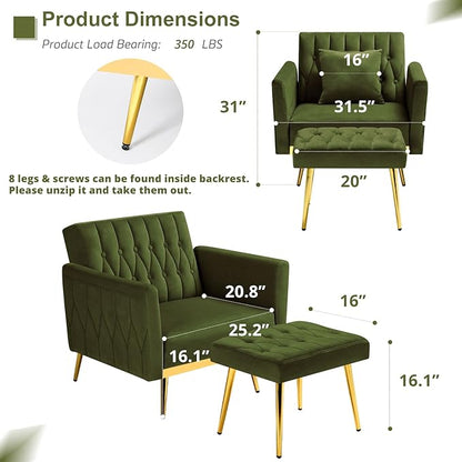 Velvet Accent Chair w/Adjustable Armrests and Backrest, Button Tufted Lounge Chair, Single Recliner Armchair with Ottoman and a Pillow for Living Room, Bedroom,Olive Green