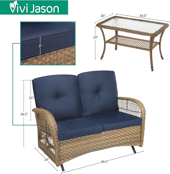 VIVIJASON 2-Piece Patio Wicker Loveseat Glider Set Cushioned, Outdoor Conversation Furniture Sets with 2-Seater Glider Rocking Bench, Coffee Table and Cushions for Porch Garden Poolside, Navy Blue