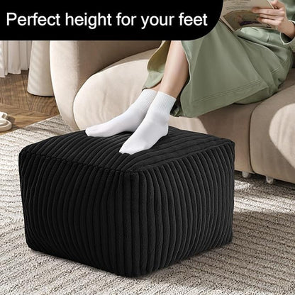 MeMoreCool Square Stuffed Pouf Ottoman Foot Rest, Stripe Furry Floor Pouf Foot Stool with Foam Chunk Filling, Soft Fluffy Stuffed Ottoman Footrest for Living Room, Faux Fur Black